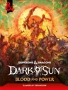 Fantasy battle scene with warriors, monsters, and text "Dungeons & Dragons Dark Sun Blood and Power"