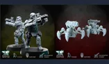 The image features two distinct groups of miniatures from Anvil Industry's upcoming releases. On the left, two armored soldiers are posed, each equipped with futuristic firearms, showcasing intricate details in their armor and gear. On the right, a pair of mechanical vehicles or drones is displayed, featuring a sleek design with multiple appendages and weaponry, set against a contrasting background. Both sets highlight the modular and pre-supported design features, emphasizing their suitability for tabletop gaming.