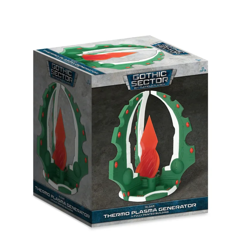 A box for the Eldar Thermo Plasma Generator from Gales Force Nine's Battlefield in a Box range, featuring a vibrant design. The box showcases a green structure with fluid arches and a central flame element in bright orange, accented by red and white details. The packaging is labeled with "Gothic Sector" and includes the product name, indicating it contains one fully painted building.