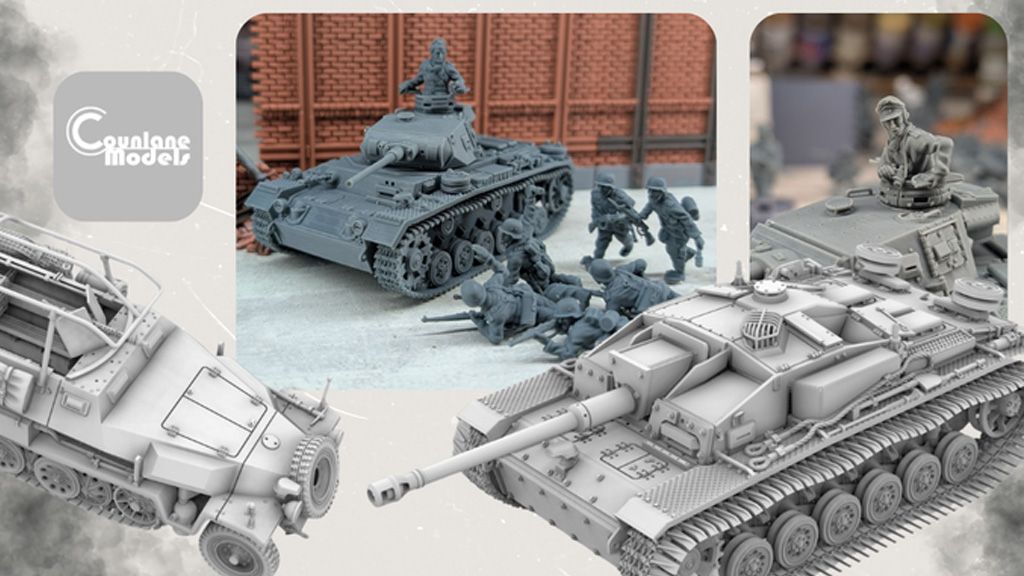 A collection of detailed 3D-printed models showcases various military vehicles and figures. In the center, a tank is depicted with a crew member on top, while several soldiers are positioned around it, engaged in action. The models are presented in a gray color, highlighting their intricate designs, including a half-track vehicle on the left and a tank on the right, set against a backdrop of brick walls.