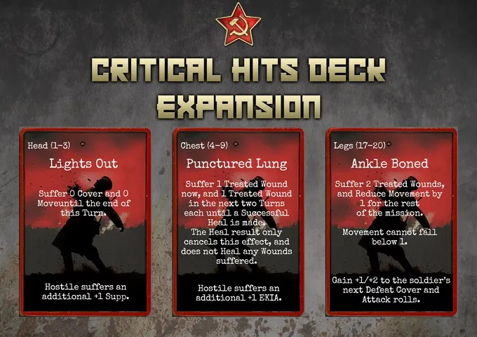 A weathered metal background with a red star emblem at the top. The text "CRITICAL HITS DECK EXPANSION" is displayed prominently in gold block letters. Below are three vertical cards with red borders and dark backgrounds. The left card is partially visible with the text "Lights Out" and "0 Cover and 0 until the end of this Turn." The middle card is titled "Chest (4-9) Punctured Lung" with text: "Suffer 1 Treated Wound now, and 1 Treated Wound in the next two Turns each until a Successful Heal is made. The Heal result only cancels this effect, and does not Heal any Wounds suffered. Hostile suffers an additional +1 EKIA." The right card is titled "Legs (17-20) Ankle Bone" with text: "Suffer 2 Treated Wounds and Reduce Movement by 1 for the rest of the mission. Movement cannot be increased below 1. Gain +1/-2 to the next Defeat Combat Attack roll."