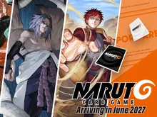Two anime characters in dynamic poses: one with long gray hair and a purple outfit, the other with red spiky hair in a brown jumpsuit, fists raised. Orange and black game packaging with "NARUTO CARD GAME Arriving in June 2027" in bold white text. Two visible cards display the "NARUTO C" logo.
