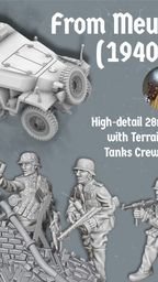 A collection of detailed 28mm German army miniatures and vehicles is showcased, featuring a half-tracked armoured personnel carrier alongside various soldiers in dynamic poses, equipped with weapons like the MG34 and Mauser K98. The background includes a textured wall of bricks, enhancing the historical context. The text highlights the campaign title "From Meuse to Volga (1940-1942)" and mentions the STL collection for 3D printing.