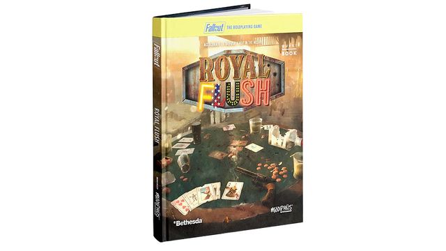A hardback book titled "Royal Flush" from Fallout: The Roleplaying Game is prominently displayed, featuring a colorful cover with the title in bold letters and a backdrop of a poker table scattered with playing cards and glasses. The table is set in a dimly lit environment, evoking a casino atmosphere, with hints of a Western aesthetic. The spine of the book is labeled with "Modiphius" and "Bethesda," indicating the publishers.