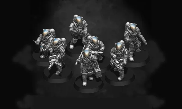 A group of six sci-fi miniatures, each wearing detailed space suits with reflective helmets, is arranged on circular bases. The figures are posed in various stances, some holding weapons while others appear to be gesturing or preparing for action. The miniatures are rendered in a monochromatic color scheme, highlighting their intricate designs and features.