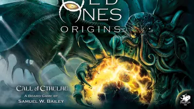 "OLD ONES ORIGINS" text, tentacled creatures, fiery explosion.