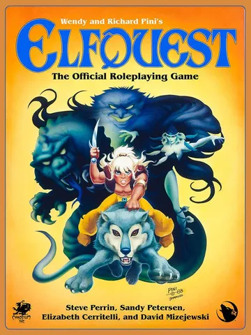 The cover of the ElfQuest roleplaying game box. At the top, the title "ElfQuest" is in large blue stylized letters, with the subtitle "The Official Roleplaying Game" beneath it in smaller black text. In the center, a blonde elf with pointed ears and a yellow outfit holds a dagger, standing on the back of a gray wolf with its mouth open. Behind them, a large blue panther-like creature looms, and a blue-skinned figure with long black hair and a white outfit is partially visible. The background is a gradient of yellow and orange. In the bottom right corner, the text "Pini 83" is visible.
