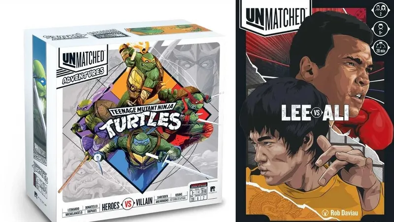 The image features two game boxes side by side. On the left, the "Unmatched Adventures - Teenage Mutant Ninja Turtles" box showcases vibrant artwork of the four Ninja Turtles, with Raphael prominently displayed, along with the title and details about the game. On the right, the "Unmatched: Bruce Lee vs Muhammad Ali" box features striking illustrations of Bruce Lee and Muhammad Ali, highlighting their iconic poses, with the title prominently displayed at the top. Both boxes reflect the dynamic and competitive nature of the Unmatched game series.