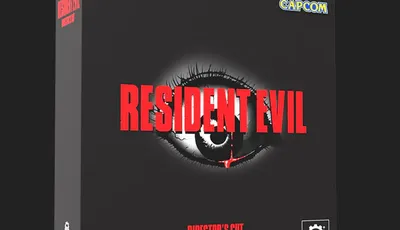 A black box featuring the title "RESIDENT EVIL" in bold red letters, with a stylized eye graphic in the center. Below the title, the text "DIRECTOR'S CUT KICKSTARTER EDITION" is displayed in orange, while "SURVIVAL HORROR" is highlighted in pink. The Capcom logo is positioned at the top right corner, and the Steamforged Games logo is located at the bottom left.