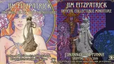 A 28mm scale miniature of Ériu, the Goddess of Ireland, is prominently displayed in the center, showcasing intricate details in her flowing attire and graceful pose. The background features vibrant artwork inspired by Jim Fitzpatrick, with a stylized depiction of a woman and decorative patterns in rich colors. The text at the bottom highlights that this is an official collectible miniature from Jim Fitzpatrick, emphasizing its unique artistic heritage.