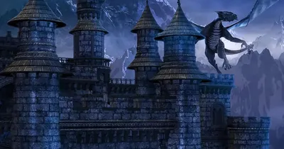 Dark fantasy castle with arched entryway, stone walls, and battlements. A dragon perched on the right tower. Text reads: "Castle Engine by Darrin Drader."