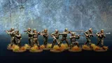 A group of ten miniatures representing a North Korean infantry squad is displayed, featuring soldiers in camouflage uniforms and helmets. They are equipped with Type 88 rifles and RPK-74s, with some holding rifle grenades. The base is adorned with tufts of grass, enhancing the military theme against a textured blue background.