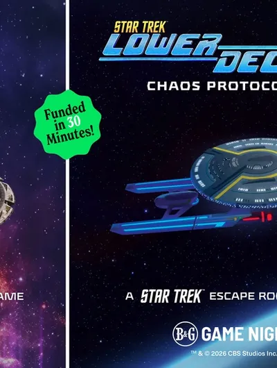 The image features two promotional designs for tabletop games set in the Star Trek universe. On the left, "Deep Space Nine: Holosuite Homicide" showcases the iconic space station, surrounded by a cosmic backdrop, emphasizing its theme as a murder mystery game. On the right, "Lower Decks: Chaos Protocol" displays the USS Cerritos, also set against a starry background, highlighting its nature as an escape room game. A green badge states "Funded in 30 Minutes!" indicating the successful crowdfunding of these games.