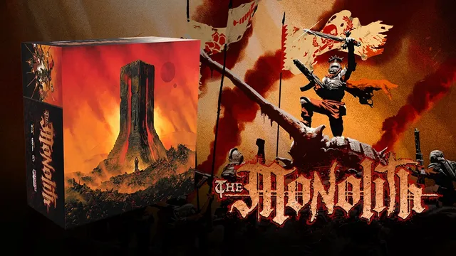 Armored figure on a skull, holding a flag with text "The Monolith" below.