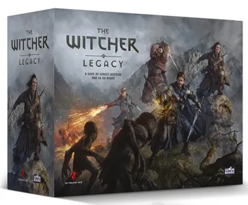 A box cover for "The Witcher: Legacy" features a dramatic scene with several characters engaged in battle against monstrous creatures. The central figure, wielding magic, is flanked by warriors with weapons drawn, set against a backdrop of rugged mountains and a stormy sky. The title "THE WITCHER LEGACY" is prominently displayed at the top, along with the names of the game designer and publisher.