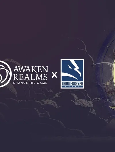 Dark-themed illustration featuring a stylized, large mechanical owl with glowing yellow eyes and intricate gears visible inside its head. The owl's wings are spread wide, displaying detailed feathers with a mix of gold and dark tones. The background shows a night sky with faint clouds and a crescent moon. In the top left corner, there is a logo for Thundergryph Games, which includes a stylized lightning bolt and the text "THUNDERGRYPH GAMES." To the left of the logo, partially visible text reads "AWAKEN REALMS x" in white capital letters.