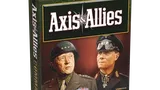 A box for "Axis & Allies: Commanders" features a striking illustration of two historical military leaders. On the left, a U.S. General in a uniform adorned with medals and a helmet, and on the right, a German Field Marshal in a dark uniform with distinctive insignia. The title "Axis & Allies" is prominently displayed at the top, with "COMMANDERS" in bold gold letters at the bottom, and a small age recommendation of "14+" in the lower corner. The background is a gradient of warm colors, enhancing the dramatic presentation.