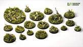 Round bases with grass, plants, and small branches.