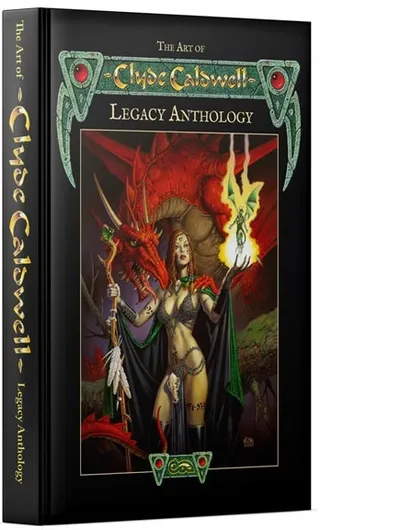 A hardcover book titled "The Art of Clyde Caldwell - Legacy Anthology" features a striking cover illustration. The artwork depicts a powerful female figure in a revealing outfit, wielding a staff with a glowing orb, alongside a large, menacing red dragon in the background. The book's spine and cover are adorned with ornate designs and the title is prominently displayed in gold and green lettering.