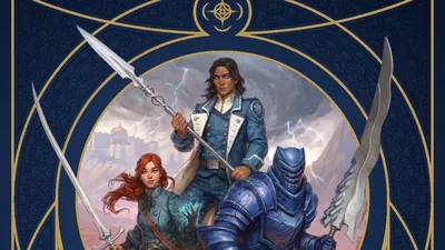 Three characters stand in a stormy, mountainous landscape under a dark, cloud-filled sky with lightning striking in the distance.

The central figure, a man with long dark hair, wears a blue uniform with a badge on the left side of his chest and holds a sword raised in his right hand. He has a determined expression.

To his left, a woman with long red hair, dressed in a green coat and blue trousers, holds a sword in her right hand and a dagger in her left. She appears to be mid-motion, her hair and coat flowing.

To the right of the man, a figure clad in full blue plate armor with a helmet that obscures their face kneels on one knee, holding a sword upright in front of them with both hands.

In the foreground at the bottom of the image, large gold text reads: "STORMLIGHT HANDBOOK". Below this, smaller text reads: "Tabletop Roleplaying in the World of Brandon Sanderson’s The Stormlight Archive". A hexagonal emblem with a stylized symbol is centered beneath the characters. The background features a dark blue diamond pattern.