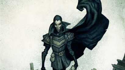 A tall, skeletal figure stands menacingly in a graveyard, wearing dark, tattered clothing and a hooded cloak. The character has a gaunt face with exaggerated features, including sharp cheekbones and a wide, sinister grin. In the background, weathered gravestones are partially obscured by mist, enhancing the eerie atmosphere of the scene.