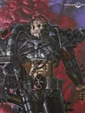 A heavily armored figure representing the Emperor's Children stands prominently, showcasing intricate details such as spikes, chains, and a skull-like face. The armor is predominantly black with metallic accents, and the character holds a weapon adorned with various symbols. The background features a surreal, purple and red organic texture, enhancing the chaotic and hedonistic theme of the design.