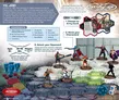 A vibrant scene showcases the G.I. JOE Heroscape: Rumble at the Rift Battle Box, featuring eight miniatures positioned on modular hex terrain. The characters include Duke, Scarlett, Roadblock, Snake Eyes, COBRA Commander, Destro, Storm Shadow, and Doctor Mindbender, each depicted in dynamic poses. The background includes a detailed battlefield with various terrain pieces, along with game components like dice and markers, emphasizing the game's strategic elements.