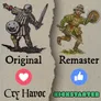 On the left, an illustration of a character from the original "Cry Havoc" features a knight in a striped tunic, wielding a sword and shield with a smiley face design. On the right, the remastered version showcases a more detailed and vibrant depiction of a soldier in medieval armor, holding a sword and shield, with a lively background. The text labels indicate "Original" and "Remaster," along with icons for liking and supporting the Kickstarter campaign.