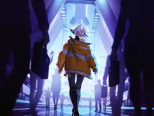 A person with long white hair, wearing a yellow jacket with green straps, black pants, and boots, walks away down a futuristic, dimly lit corridor lined with glowing blue panels and silhouetted figures.