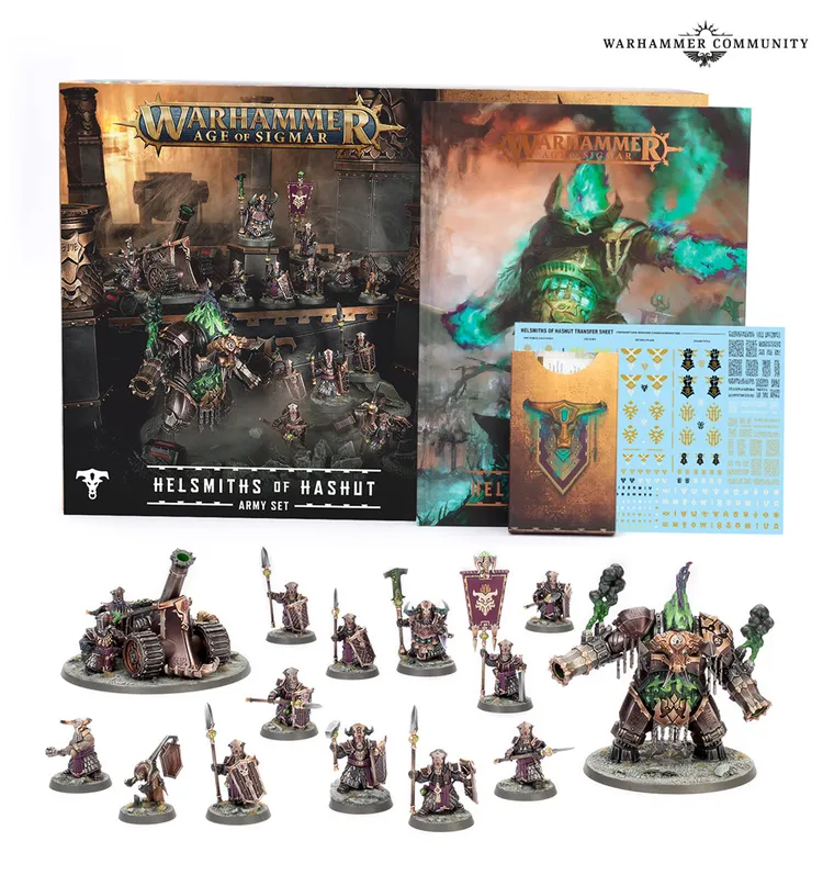 A display of the Helsmiths of Hashut Army Set from Warhammer: Age of Sigmar features a variety of miniatures and components. In the foreground, several duardin figures are arranged, including a large War Despot and smaller units wielding spears and banners. Behind them, the set includes a Dominator Engine and a Tormentor Bombard, along with a transfer sheet for customization, all set against the backdrop of the army set box art.