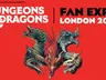 A striking graphic features a fierce, multi-headed dragon with vibrant colors, set against a bold red background. The text prominently displays "Dungeons & Dragons" at the top, followed by "FAN EXPO LONDON 2026" in large, bold letters. The design emphasizes the excitement of the upcoming event, highlighting the partnership between Wizards of the Coast and AEG Presents.
