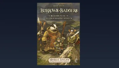 The image features the cover of the second edition of "Burrows & Badgers," a skirmish game centered around anthropomorphic animals. The artwork showcases a group of characters, including a badger in a cloak, a mouse wielding a sword, and a rabbit holding a spear, all set against a natural backdrop of rocks and greenery. The title is prominently displayed at the top, with the subtitle and author information below, all set against a dark gradient background.
