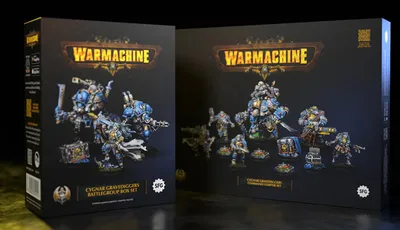 The image features two box sets from Steamforged Games for the Cygnar faction in the Warmachine tabletop game. On the left, the "Cygnar Gravediggers Battlegroup Box Set" showcases a warcaster and two warjacks, with vibrant blue and metallic details on the miniatures. On the right, the "Cygnar Gravediggers Command Starter" includes a more diverse array of models, featuring a heavy warjack, a three-model unit, and a character solo, all set against a dark background that highlights the colorful packaging and intricate designs.