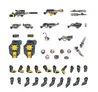 A collection of detailed miniature components for the Palanite Enforcers from Necromunda, featuring various weapons and upgrade parts. Prominent items include rifles, pistols, shock batons, assault shields, and a selection of heads and arm pieces. The components are intricately designed with a mix of metallic and vibrant colors, showcasing the futuristic and militaristic aesthetic of the Enforcers.