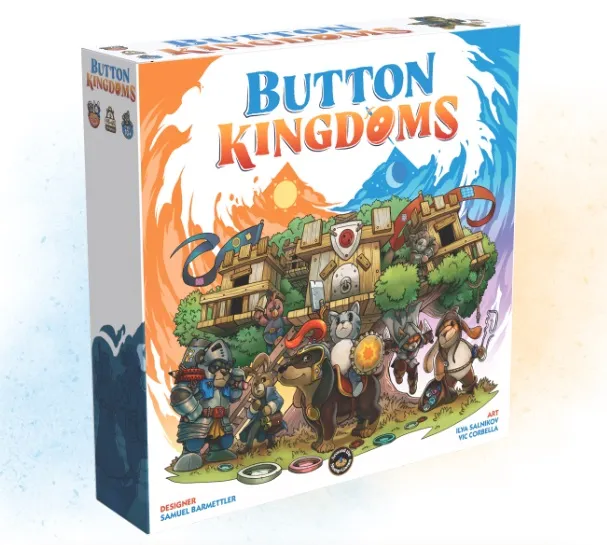 Button Kingdoms game box with cartoon animals and treehouse fortress