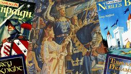 A vibrant illustration features a regal scene with King Arthur, adorned in a crown and royal attire, leading a procession of knights and nobles. Prominently displayed are the covers of various Pendragon books, including "Noble's Book" and "Tournament of Dreams," showcasing rich artwork that reflects the Arthurian theme. The background depicts a castle and banners, enhancing the atmosphere of quest and adventure.