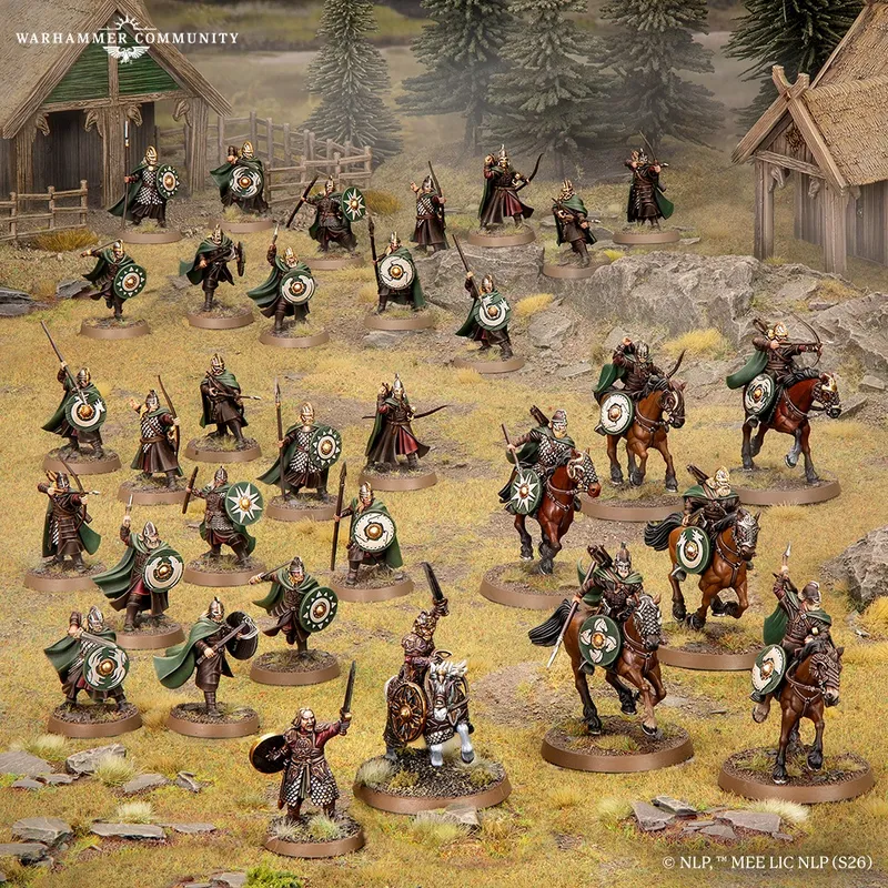 Miniature warriors and riders in armor, shields, and cloaks on a grassy battlefield with wooden buildings.