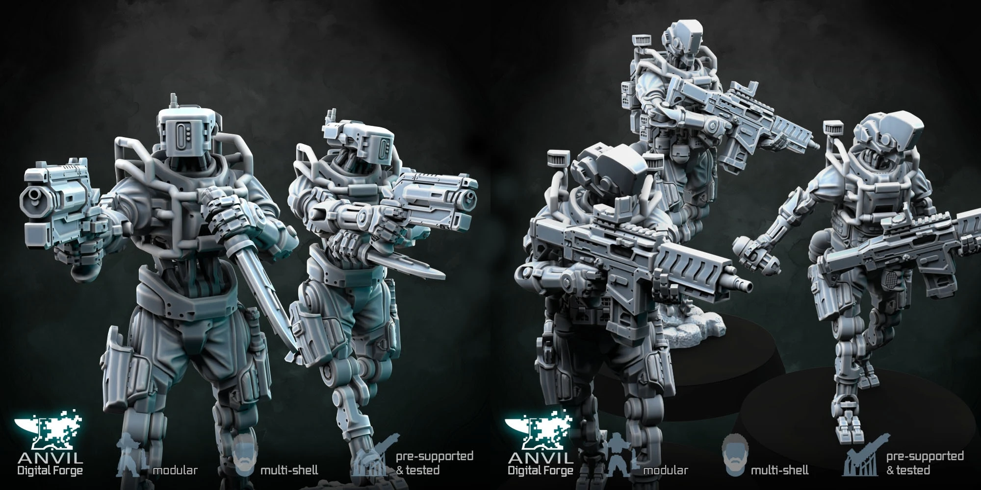 Three futuristic military robots are displayed in a dynamic arrangement, each featuring a slim, minimal steel frame with articulated joints. The robots are equipped with heavy assault rifles and one is holding a drone, showcasing a variety of poses and head designs. The models have a modernist aesthetic, suitable for settings in modern warfare, post-apocalyptic, cyberpunk, or sci-fi games, with a dark background enhancing their striking appearance.