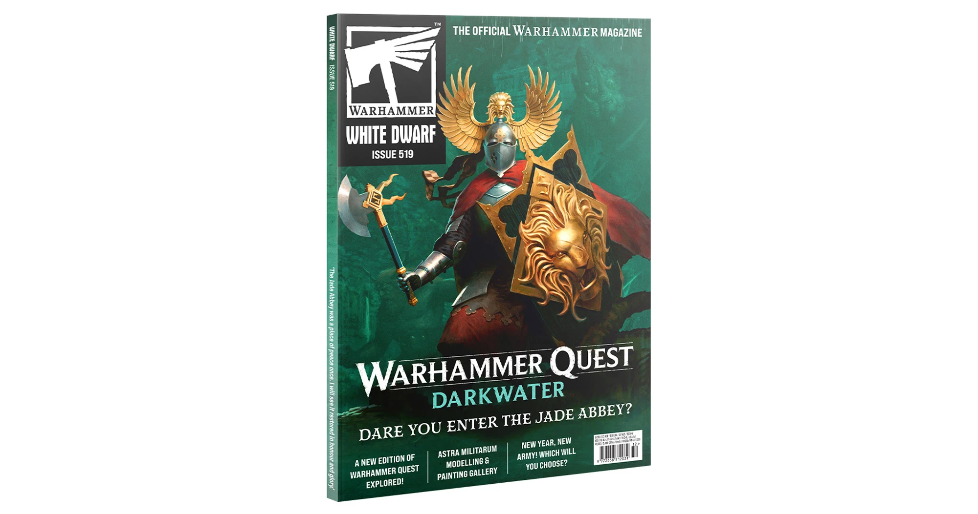 A magazine cover features "White Dwarf Issue 519," prominently displaying the Warhammer logo at the top. The cover art depicts a heroic figure clad in ornate armor, wielding a sword and shield adorned with a lion motif, with large, stylized wings behind their head. The title "WARHAMMER QUEST DARKWATER" is featured prominently, along with the text "DARE YOU ENTER THE JADE ABBEY?" at the bottom, inviting readers to explore the content within.