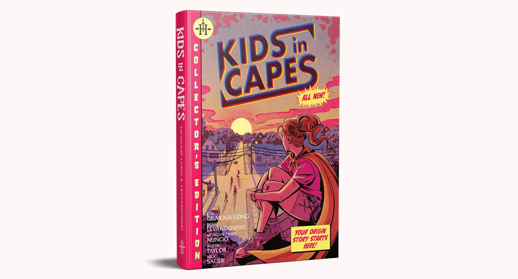A vibrant book cover for "Kids in Capes" features a young girl with a ponytail, wearing a red cape and a pink shirt, sitting on a sidewalk. The background depicts a suburban neighborhood with houses and trees under a sunset sky. The title "KIDS in CAPES" is prominently displayed in bold, colorful letters, along with the text "COLLECTOR'S EDITION" and "YOUR ORIGIN STORY STARTS HERE!" in bright yellow.