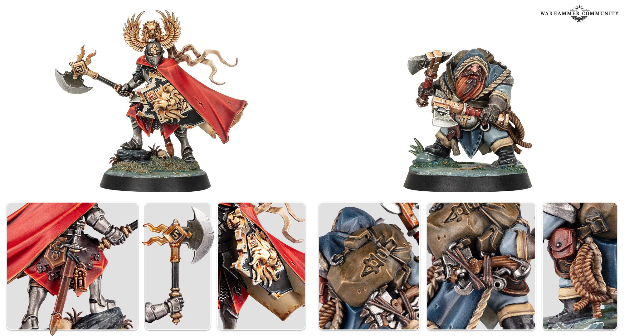 A stout duardin ranger named Drolf Ironhead stands ready for adventure, wielding an axe in one hand and a crossbow slung across his back. He wears a blue cloak and has a large backpack filled with various adventuring gear, while his belt is adorned with multiple tools and weapons. The base of the miniature features a patch of grass, adding to the character's rugged appearance.