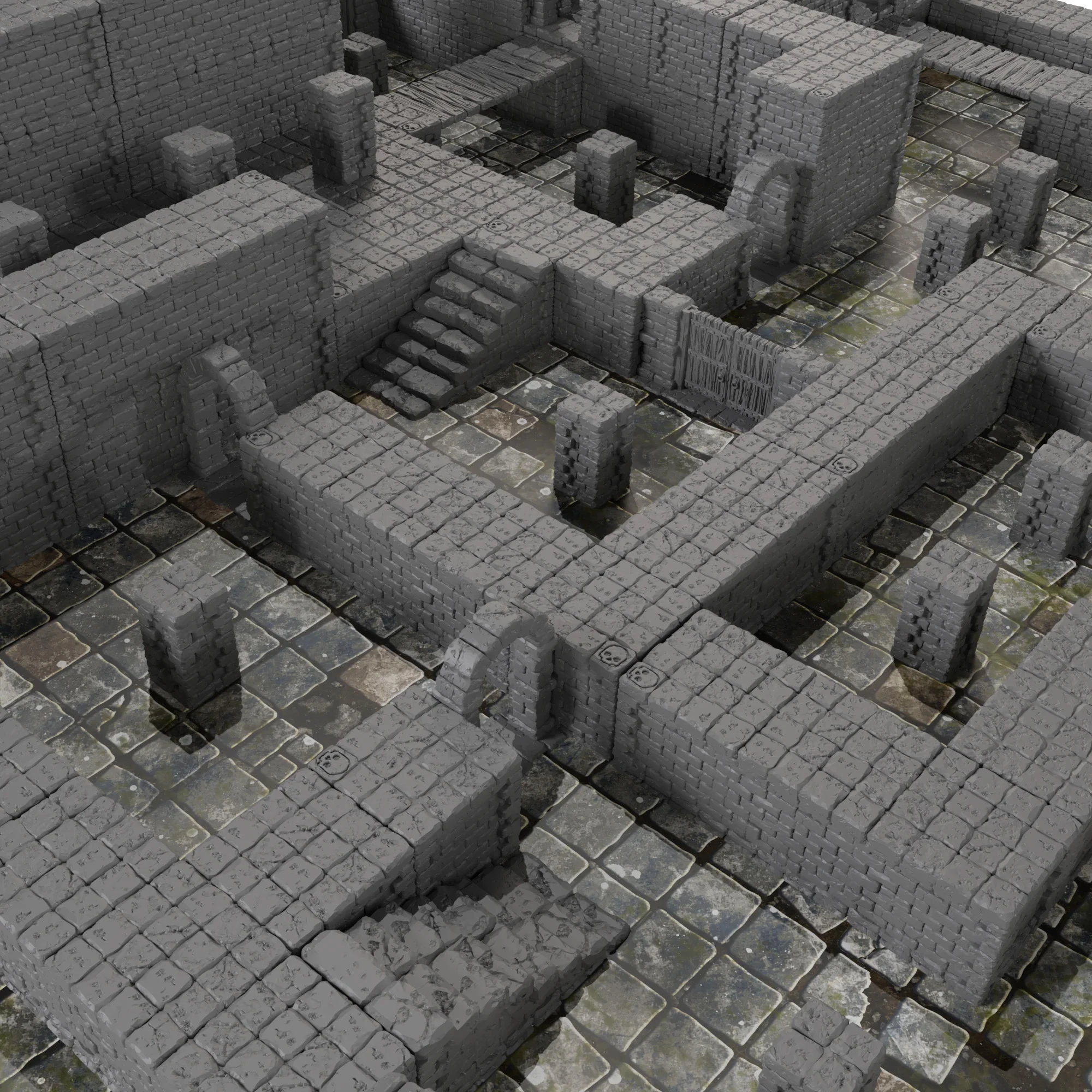 A detailed modular dungeon layout features various gray stone blocks arranged to create walls, stairs, and pillars, set against a textured floor that resembles worn flagstones. The scene includes multiple levels and pathways, with some blocks forming arches and others standing as free-standing pillars. The overall design conveys a dark and atmospheric dungeon environment, ideal for tabletop gaming.