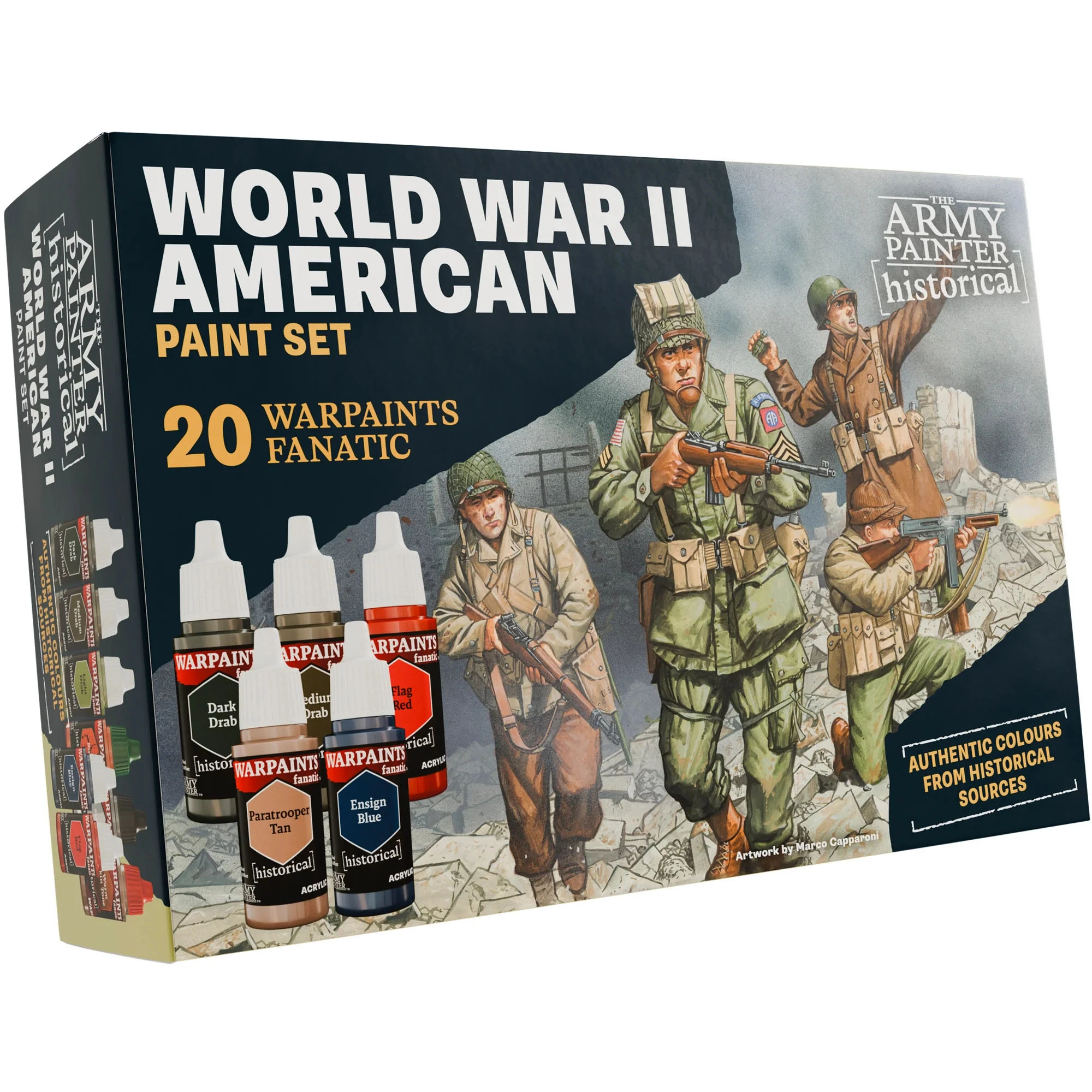 A paint set titled "World War II American Paint Set" features a box design showcasing three American soldiers in historical uniforms, set against a backdrop of crumbling walls. The box includes five paint bottles prominently labeled "WARPAINTS FANATIC," with colors such as "Dark Drab," "Medium Drab," "Paratrooper Tan," "Tang Red," and "Ensign Blue." The text emphasizes "20 WARPAINTS FANATIC" and "AUTHENTIC COLOURS FROM HISTORICAL SOURCES," highlighting the set's focus on historical accuracy.
