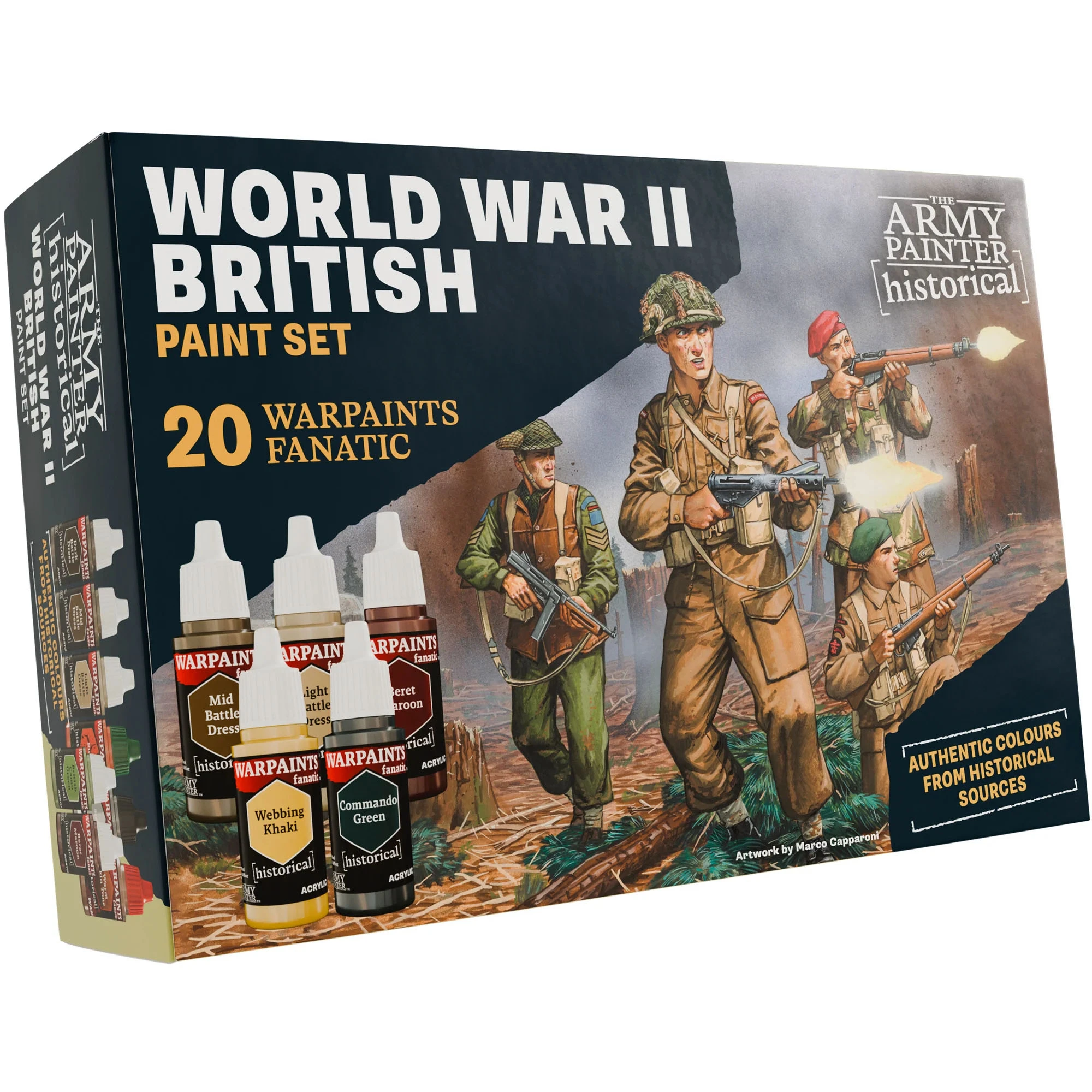 A paint set titled "World War II British" features 20 bottles of Army Painter's Fanatic acrylic paints, prominently displayed on the packaging. The background showcases a dynamic illustration of British soldiers in action, equipped with rifles and wearing period-appropriate uniforms. The packaging emphasizes "AUTHENTIC COLOURS FROM HISTORICAL SOURCES" and highlights the quality of the paints with descriptors like "easy to use" and "high-quality."