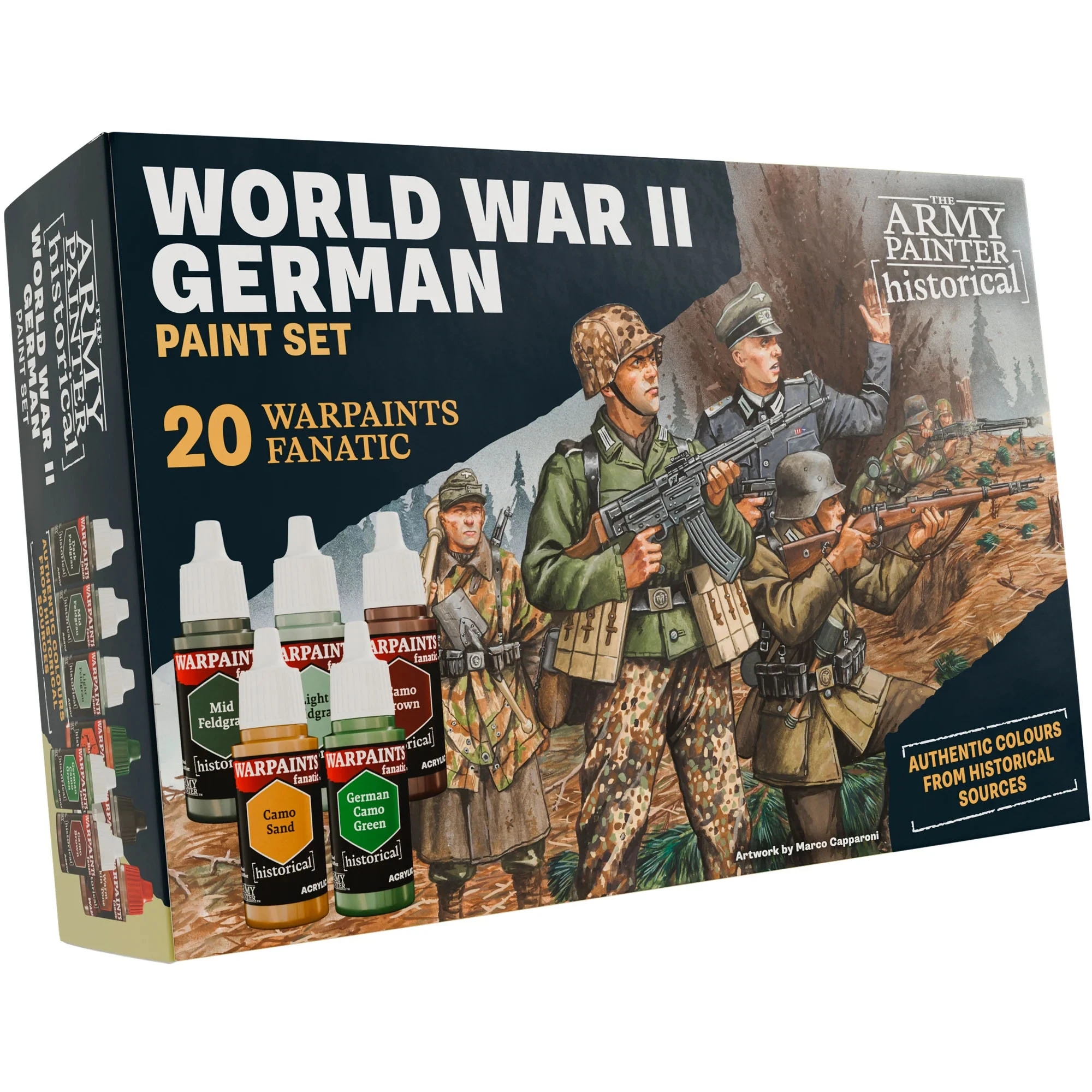 A paint set titled "World War II German" features a vibrant illustration of German soldiers in historical uniforms, including one with a machine gun and another gesturing. The packaging displays five paint bottles prominently labeled "WARPAINTS FANATIC," showcasing various colors such as Camo Sand and German Camo Green. The text "20 WARPAINTS FANATIC" and "AUTHENTIC COLOURS FROM HISTORICAL SOURCES" are also featured, emphasizing the set's focus on historical accuracy.
