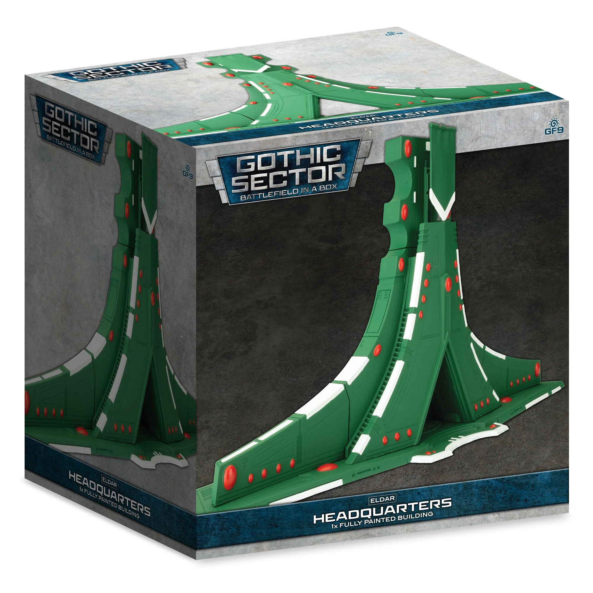 A box for the Eldar Headquarters building from Gales Force Nine's Battlefield in a Box range, featuring a vibrant green design with white and red details. The box displays a stylized image of the building, showcasing its graceful arches and sweeping curves, set against a textured gray background. The label on the front indicates it is a fully painted building, part of the Gothic Sector collection.