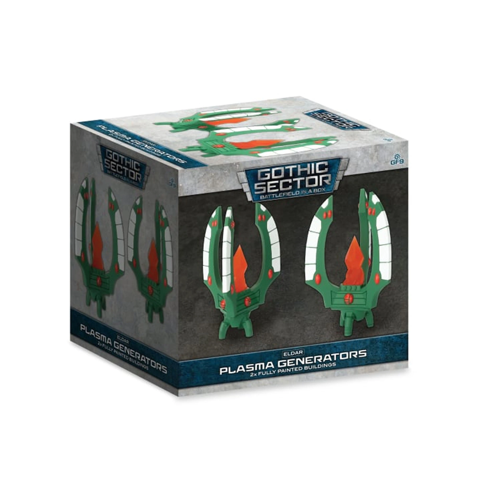 A box featuring two Eldar Plasma Generators from the Gothic Sector range, designed for tabletop gaming. The box is predominantly grey with a blue and black label, showcasing the vibrant green generators adorned with white and red details. The generators have a sleek, futuristic design with fluid arches, emphasizing their Eldar aesthetic.