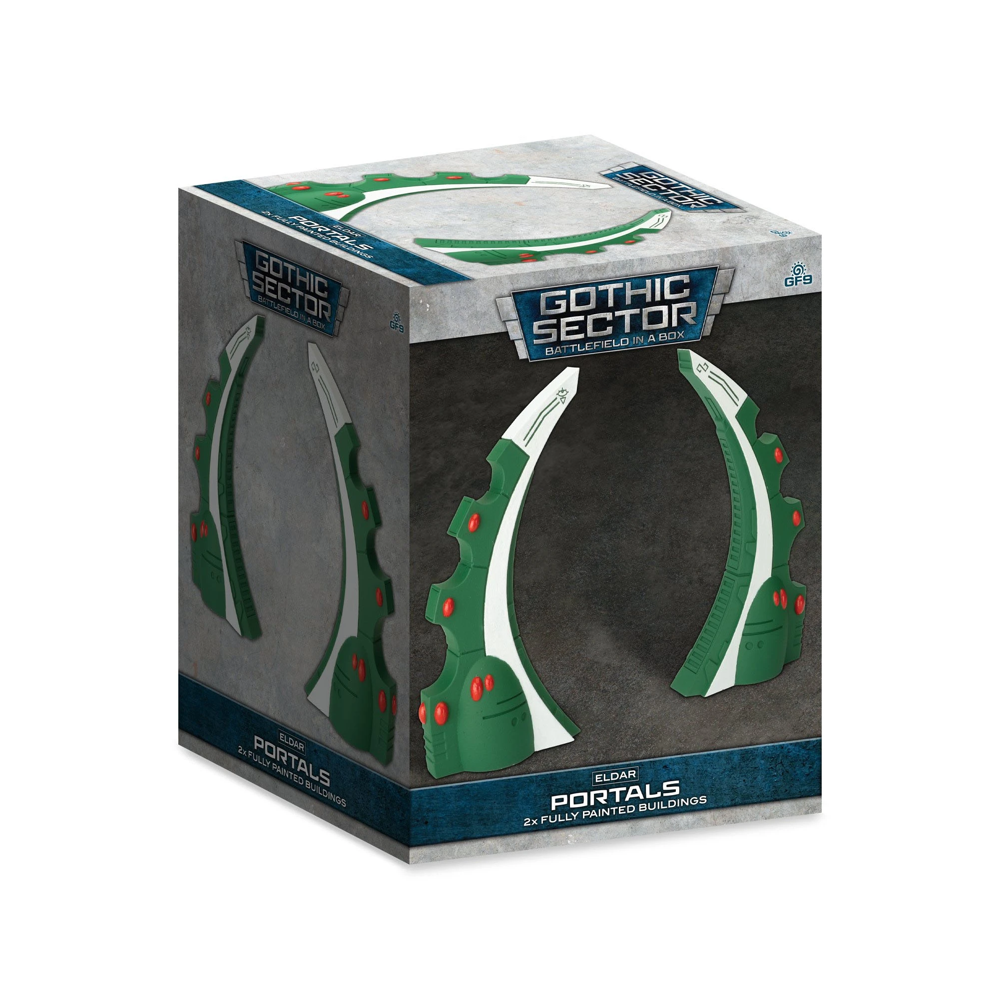 A box featuring two Eldar portals from the Battlefield in a Box range by Gales Force Nine. The portals are designed with graceful, fluid arches in a vibrant green color, accented with white and red details. The packaging prominently displays the title "Eldar Portals" along with the Gothic Sector branding, indicating that these are fully painted buildings ready for immediate use in tabletop gaming.