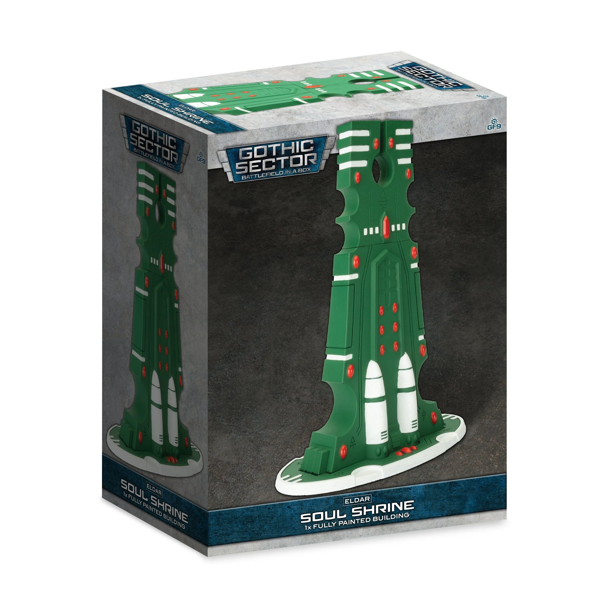 A box for the Eldar Soul Shrine from Gales Force Nine's Battlefield in a Box range, featuring a vibrant green building with fluid arches and sweeping curves. The design includes white and red details, enhancing its striking appearance. The box is labeled "Gothic Sector" and indicates that it contains one fully painted building.