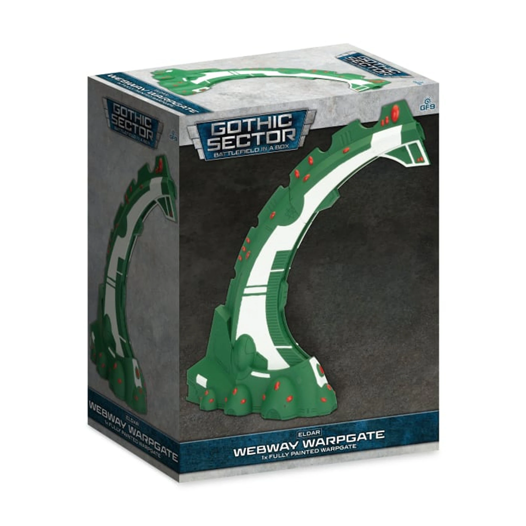A box featuring the Eldar Webway Warpgate from Gales Force Nine's Battlefield in a Box range. The warpgate is depicted in a vibrant green with white and red details, showcasing its graceful, fluid design with sweeping curves. The packaging includes the title "Gothic Sector" and indicates that it contains one fully painted warpgate.